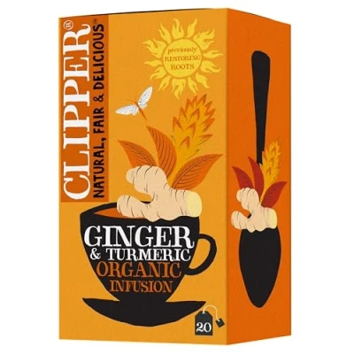 Image of Clipper Organic Restoring Roots Ginger &amp; Turmeric Tea Bags 20 Infusions in Envelopes Caffeine Free Teabags Fairtrade Herbal Natural, Unbleached Plant Based Biodegradable Sachets