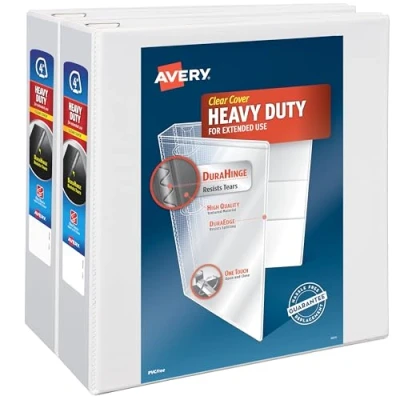 Image of Avery Heavy Duty View 3 Ring Binder, 4&quot; One Touch Slant Ring, Holds 8.5&quot; x 11&quot; Paper, 2 White Binders (79875)