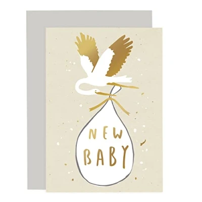 Image of Old English Co. New Baby Stork Card A6 Newborn Greeting Cards For Boys &amp; Girls Congratulations Mum, Dad Parents Shower, Pregnancy Announcement or Milestone
