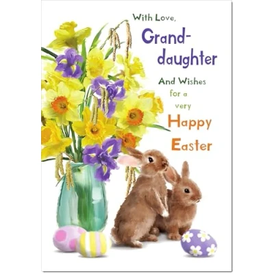 Image of doodlecards Granddaughter Easter Card Vase of Daffodils with Bunnies and Eggs Medium Size Plain Envelope