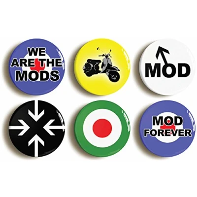 Image of 6 x MOD RETRO SIXTIES BADGES PINS BUTTONS (1inch/25mm diameter) 1960s FASHION FANCY DRESS