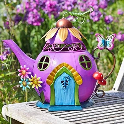 Image of Garden Mile® Novelty Ornaments Waterproof Fairy House Outdoor Decoration Fun Metal Hand Painted Decor Weatherproof (Teapot Studio)