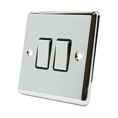 Image of AET CPC2GSWIBC Polished Chrome Classical Black Insert Metal Rocker Switches 10 Amp Double 2 Gang Way Light Switch