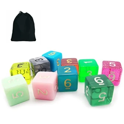 Image of Bescon 10pcs Set of 6 Sided Dice (numbered 1 6), 10 Count Assorted Random Multi Effected&amp;Colored Pack D6 in Drawstring Pouch