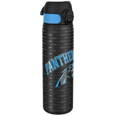 Image of ION8 Steel Water Bottle, 600 ml/20 oz, Leak Proof, Easy to Open, Secure Lock, Dishwasher Safe, Flip Cover, Fits Cup Holders, Carry Handle, Durable, Metal Raised Print, NFL Panthers