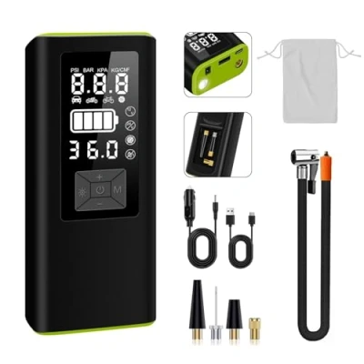 Image of Tyre Inflator Air Compressor, Portable 150PSI Dual Digital Pressure Gauge, Cordless Car with LED Light, 12V DC, Pump Compressor for Cars, Bike, Motorbike, Balls