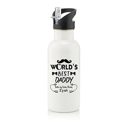 Image of Personalised World&#039;s Best Daddy Fathers Day Moustache/Bow Love ANY NAME Funny Gift for Dad Birthday Stainless Steel 600ml Water Bottle with Straw. (White)