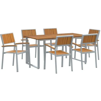 Image of vidaXL 7 Piece Garden Dining Set Grey Steel and Solid Wood Acacia