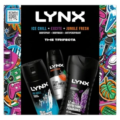 Image of Lynx Africa THE TRIFECTA Ice Chill Body Spray 150ml, Excite Wash 225ml and Jungle Fresh Anti Perspirant 150ml 3 Pieces Ready to Wrap Gift Set for Him