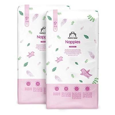 Image of Amazon Brand Mama Bear Premium Nappies, Size 5+ (11 17 kg), 148 Count (2 Packs of 74), White