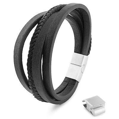 Image of Akitsune Pathfinder Synthetic Leather Bracelet Magnetic Clasp Stainless Steel Braided Men Including Beautiful Jewelry Box Silver Black 17cm