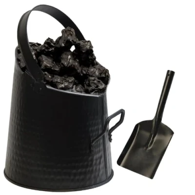 Image of Trendi Heavy Duty Anthracite Coal Hod, Bucket Scuttle Black for Fireplace Fire Side (HAMMERED HOD WITH SHOVEL)