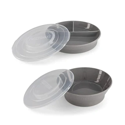 Image of Twistshake Baby Tableware Set Divided Plate + Bowl BPA Free Feeding and Food Training Kit for Kids Grey