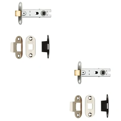 Image of 2 Pack 64mm Bolt Through Tubular Door Latch Rounded Strike Plate Forend Nickel Plated