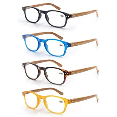 Image of MODFANS 4 Pairs of Reading Glasses 2.25 Fashion Wood Look Printed for Men Women,Round Frame Comfort Spring Hinges,Readers Eyeglasses Stylish Black Blue Tortoiseshell Yellow