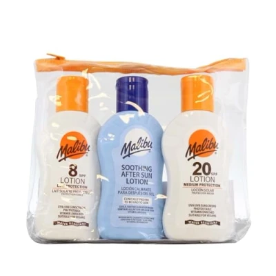 Image of Malibu Sun Travel Essentials with Medium and Low Suncream Protection Soothing Aftersun Lotion, Water Resistant, SPF 8 20, Multipack, 3 x 100ml