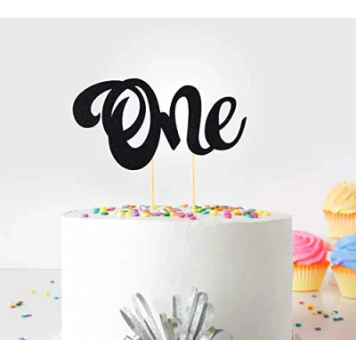 Image of 1st First Birthday Cake Topper Decoration ((Black) One with Double Sided Glitter Stock)