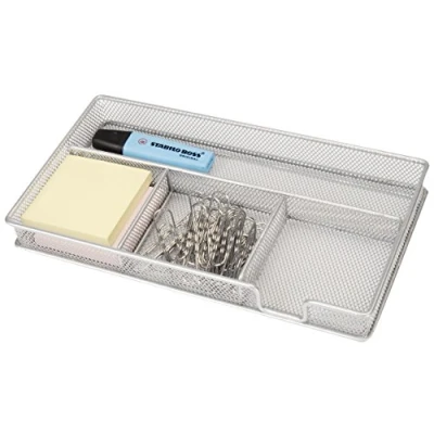 Image of OSCO Silver Wiremesh Pen Tray Desk Organiser Stationery Storage Jewellery Display Drawer Divider H3.5 x W30 D16 cm