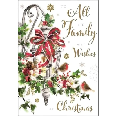 Image of Jonny Javelin All the Family Christmas Card Cards with Lantern and Robins Design Special Finishes Single Xmas Envelope