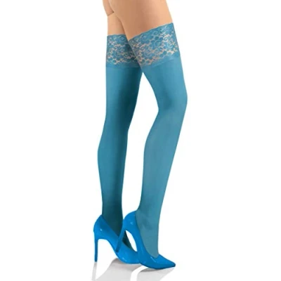 Image of Sesto Senso Womens Hold Ups Stockings 50 Denier Microfiber Opaque Sexy Lace Top Dark Turquoise 1/2 XS S Petrol