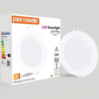 Image of paul russells LED Ceiling Downlights, 12W Slim Recessed Bathroom Kitchen Ceilings, 1150 Lumens, 4000K Cool/Natural White, Cutout 120 130mm, Round Non Dimmable Panel Spotlights, 1 Pack