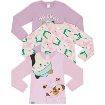 Image of Squishmallows Three Pack 100% Combed Cotton Long Sleeved T Shirts Tops 5 6 Years 116cm Multicoloured