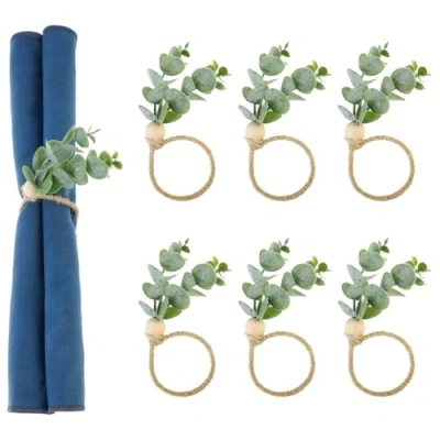 Image of Napkin Rings Set of 6,Farmhouse Eucalyptus Wooden Spring Rustic Green Leaf for Thanksgiving Christmas Wedding Table Decor