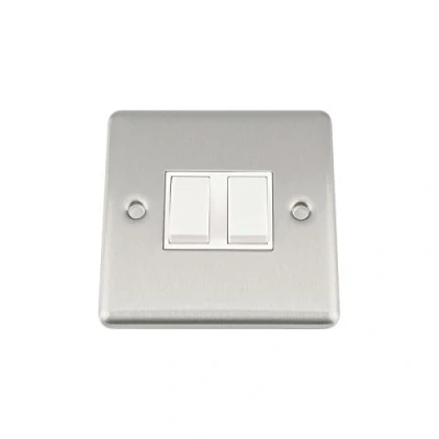 Image of A5 Light Switch Double 2 Gang Satin Brushed Chrome Classic White Insert Plastic Rocker Switches 10A 1 Way