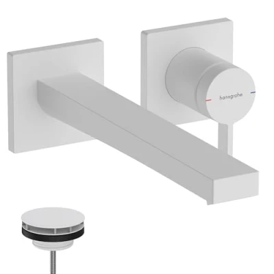 Image of hansgrohe Tecturis E bathroom tap conceiled for wall mounting with waste set, sink spout length 22,5 cm, basin mixer water saving (EcoSmart+), matt white, 73051700
