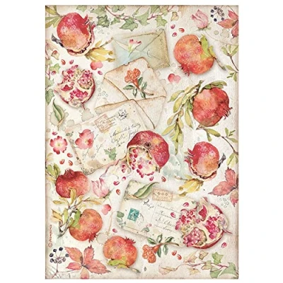 Image of Stamperia International Rice Paper Casa Granada Pomegranades and Letters, Multicoloured, A4
