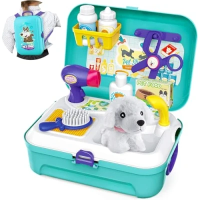 Image of Pet Care Role Play Set Grooming Toys Feeding Dog Backpack Vet Kit Toy for Kids Children (16 pcs)
