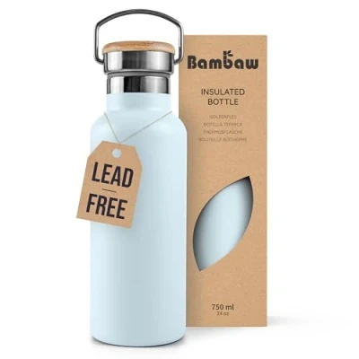 Image of Bambaw Insulated Water Bottle 750ml, Light Blue Bottle, Stainless Steel Leakproof Metal Walking Vacuum Ice