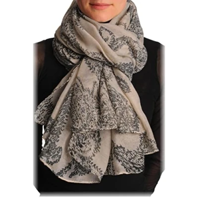 Image of LissKiss Black Fern Leaves On Sand White Grey Unisex Scarf &amp; Beach Sarong Floral