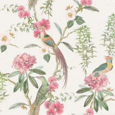 Image of Exotic Garden Pink Green Wallpaper Floral Flowers Leaves Birds Naturistic Trendy Stylish Feature Wall