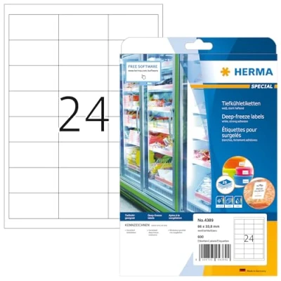 Image of HERMA Self Adhesive Freezer Labels, 24 Labels per A4 Sheet, 25 Sheets, 66 x 33.8 mm, 600 Blank Food Stickers, Sticky for Laser &amp; Inkjet Printer, White