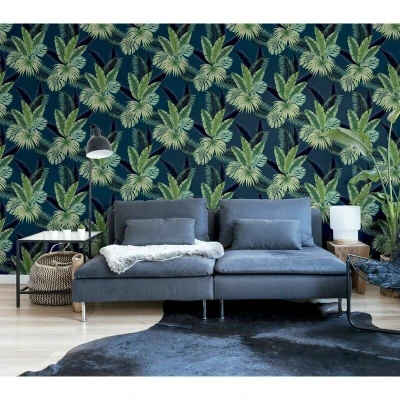 Image of Arthouse Miami Tropics Navy Blue &amp; Green Wallpaper, Exotic Design with an Array of Greens on a Rich Background, 921407