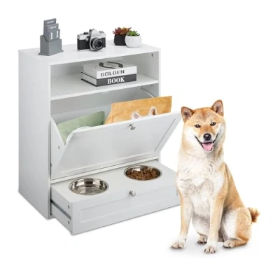Image of Relaxdays Dog feeding cabinet, drawer with 2 bowls, tipping compartment for animal feeders, H x W D: 68 60 33 cm, MDF, white, 80% fibreboard 20% stainless steel