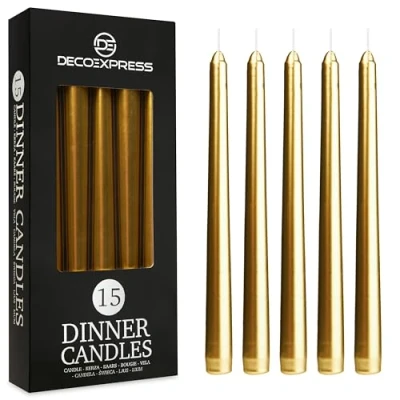 Image of DECO EXPRESS Dinner Candles Pack of 6, 10, 15 or 50 Tapered Non Drip Long Lasting 8 Hours, Unscented (Gold Pack)