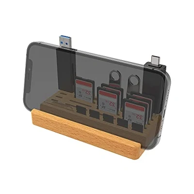 Image of JJC Wooden Phone Holder Memory Card Stand Organizer for Smartphone SD TF Cards Flash Drives Type A C Readers Removal Tool