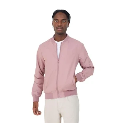 Image of BRAVE SOUL Sanjay Mens Bomber Jacket Smart Casual Zip Up Long Sleeve 100% Polyester for Men, Pink Colour, Size L
