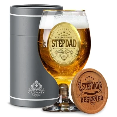 Image of CROWNLY CRYSTAL® Step Dad Birthday Gifts Personalised Beer Glass Fathers from Daughter Son Pint Glasses Engraved