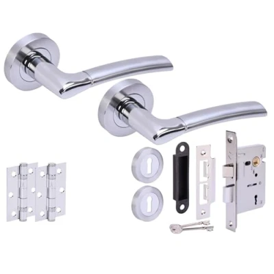 Image of HANDLEZONE® Columba Premium Door Handles on Rose 3 Lever Lock Pack with 75mm Ball Bearing Hinges and 76mm Dual Polished/Satin Chrome