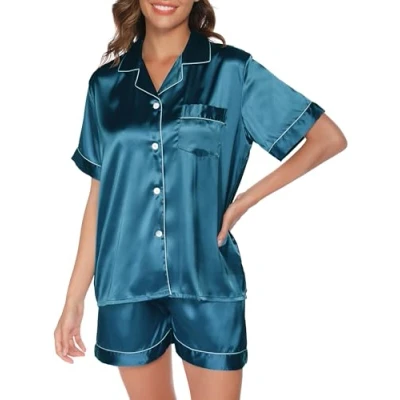Image of Reliwel Silk Pyjamas for Women Short Sleeve two Piece Satin Pyjama Set Women&#039;s Nightwear Button Down Soft Ladies Sleepwear Loungewear S XXL