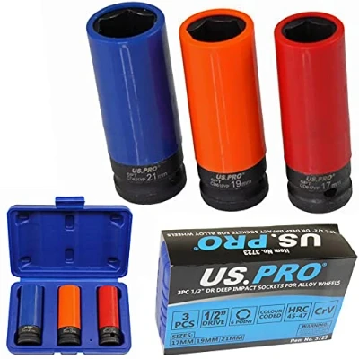 Image of US Pro 3PC 1/2&#039;&#039;Dr Deep Impact Sockets for Alloy Wheels 17 19 21mm Thin Wall