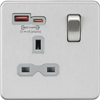Image of KnightsBridge 13A 1G Switched Socket with Dual USB [FASTCHARGE] A+C Brushed Chrome Grey Insert