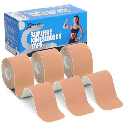 Image of SUPERBE Pre cut Kinesiology Tapes (3 Rolls Pack), Sports Tape Muscle for Pain Relief, Support, Recovery and Physio Therapy (Beige)