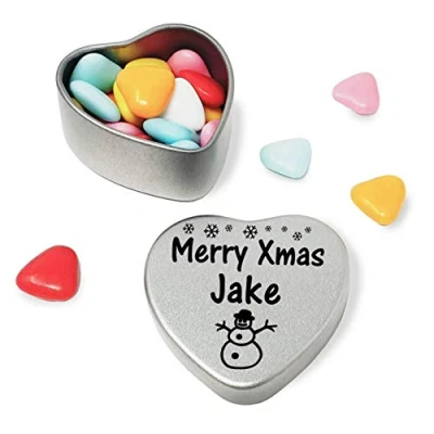 Image of Gift In Can Merry Xmas Jake Heart Shaped mini Tin filled with coloured chocolates perfect christmas card alternative for Fun Festive Snowman Design