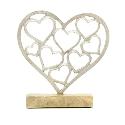 Image of Carousel Home Elegant Silver Metal Love Heart Ornament Hearts On Wooden Base Sculpture Anniversary Wedding Gifts