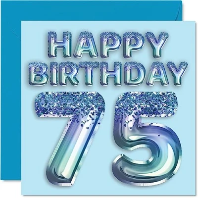 Image of 75th Birthday Card for Men Blue Glitter Party Balloon Happy Cards 75 Year Old Man Great Grandpa Grandad Dad Gran, 145mm x Seventy Five Fifth Greeting Gift