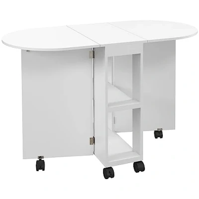 Image of HOMCOM Mobile Folding Dining Table, Drop Leaf Table for Small Spaces With 2 tier Shelves, Kitchen 6 Wheels, White